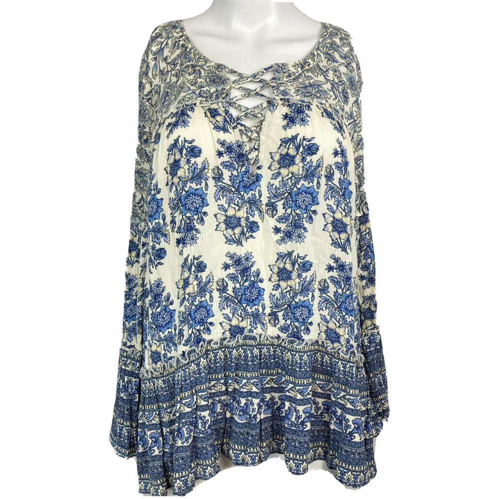 American Eagle Outfitters Shirt Womens Sz S White Blue Floral Ruffle Blouse Top